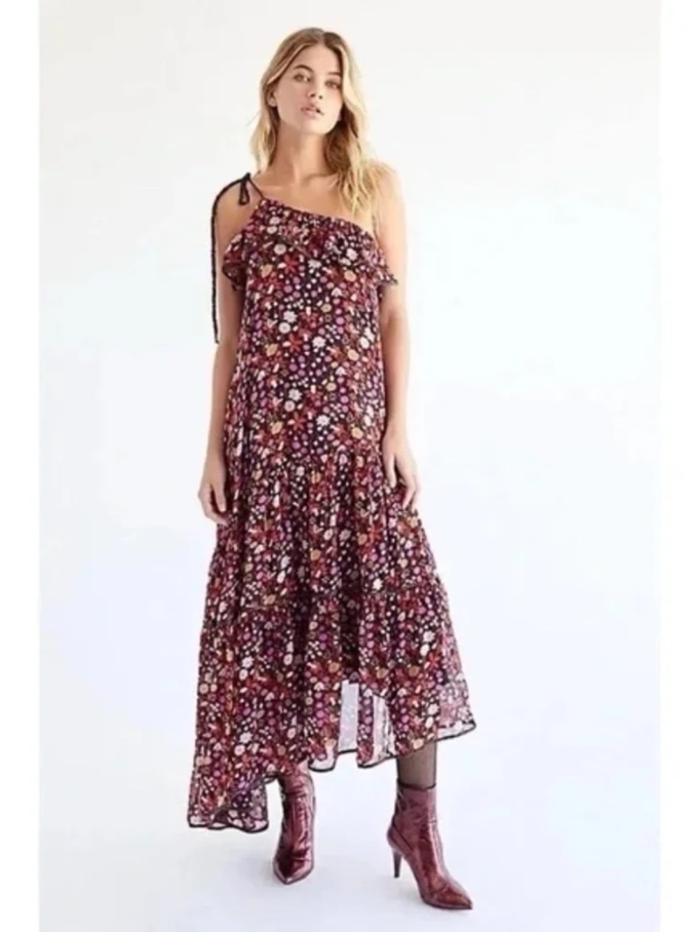 Free People Head Over Heels Dress Floral Print One Shoulder Asymmetric Maxi XS